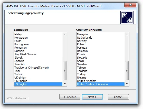 Choose Language in Samsung USB Drivers Installation